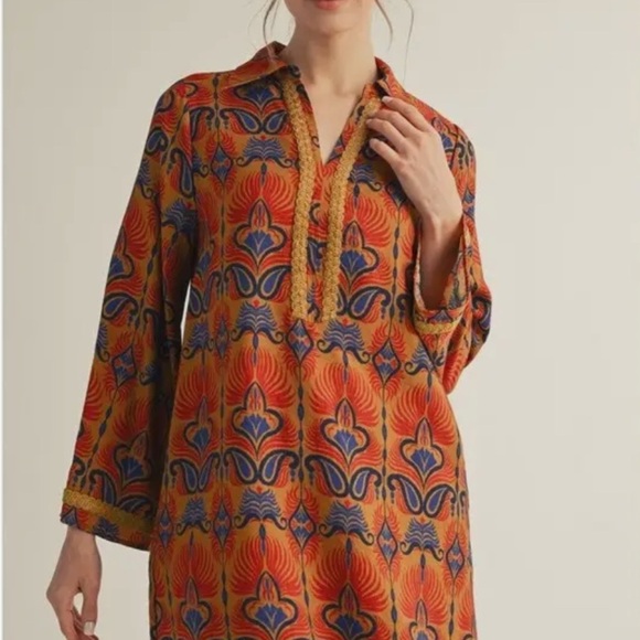 Colorful long sleeves boho print shift mini dress with side pockets - Picture 1 of 4